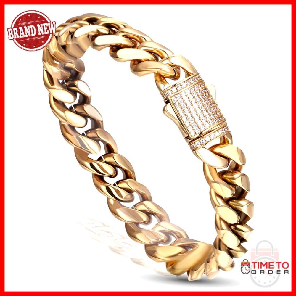 12mm Miami Cuban Link Bracelet 14K Gold Plated Stainless Steel Hip Hop Jewelry